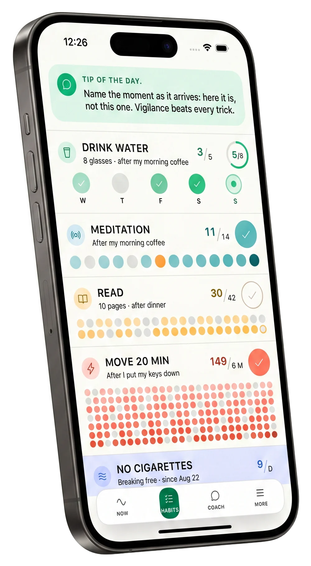 The Capable habit journal on an iPhone: each habit grows its own field of colored dots